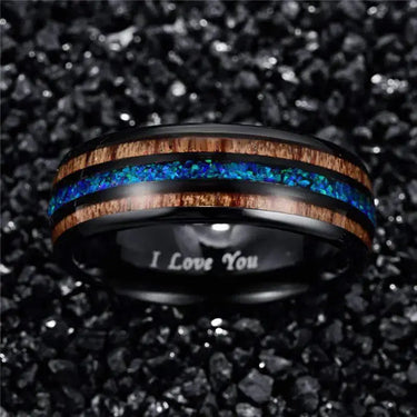8mm Black Tungsten Wedding Ring with Wood and Blue Fire Opal Inlay